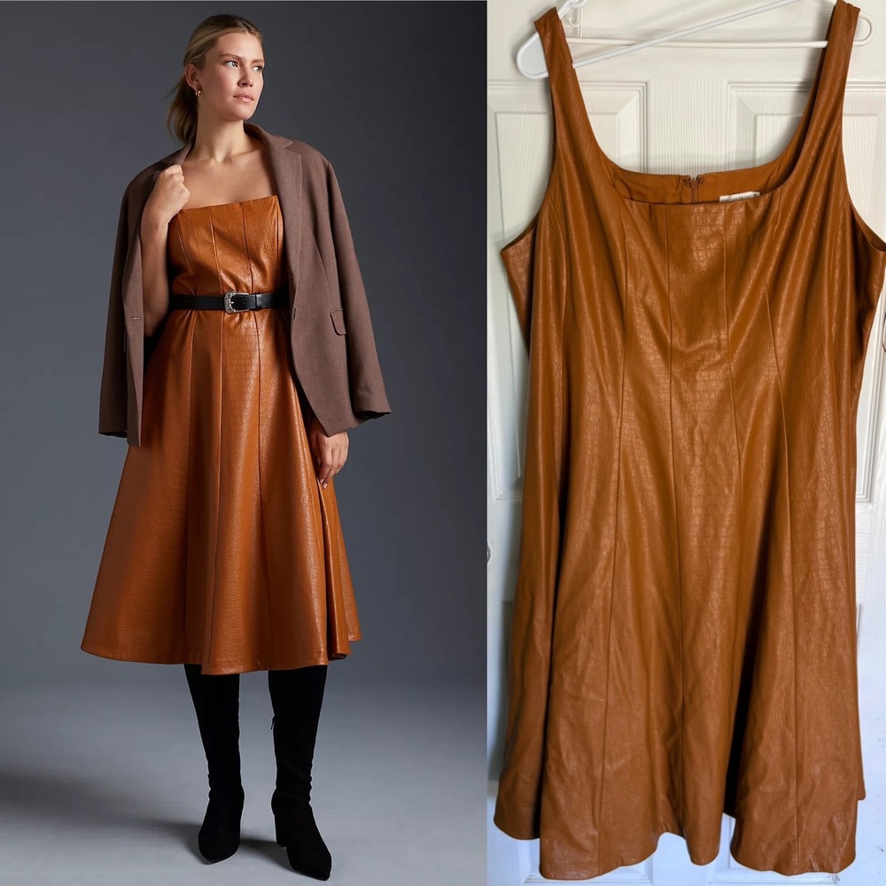 Avec‎ Les Filles Faux Leather Midi Dress 3X Brown Croc Embossed Square Neck